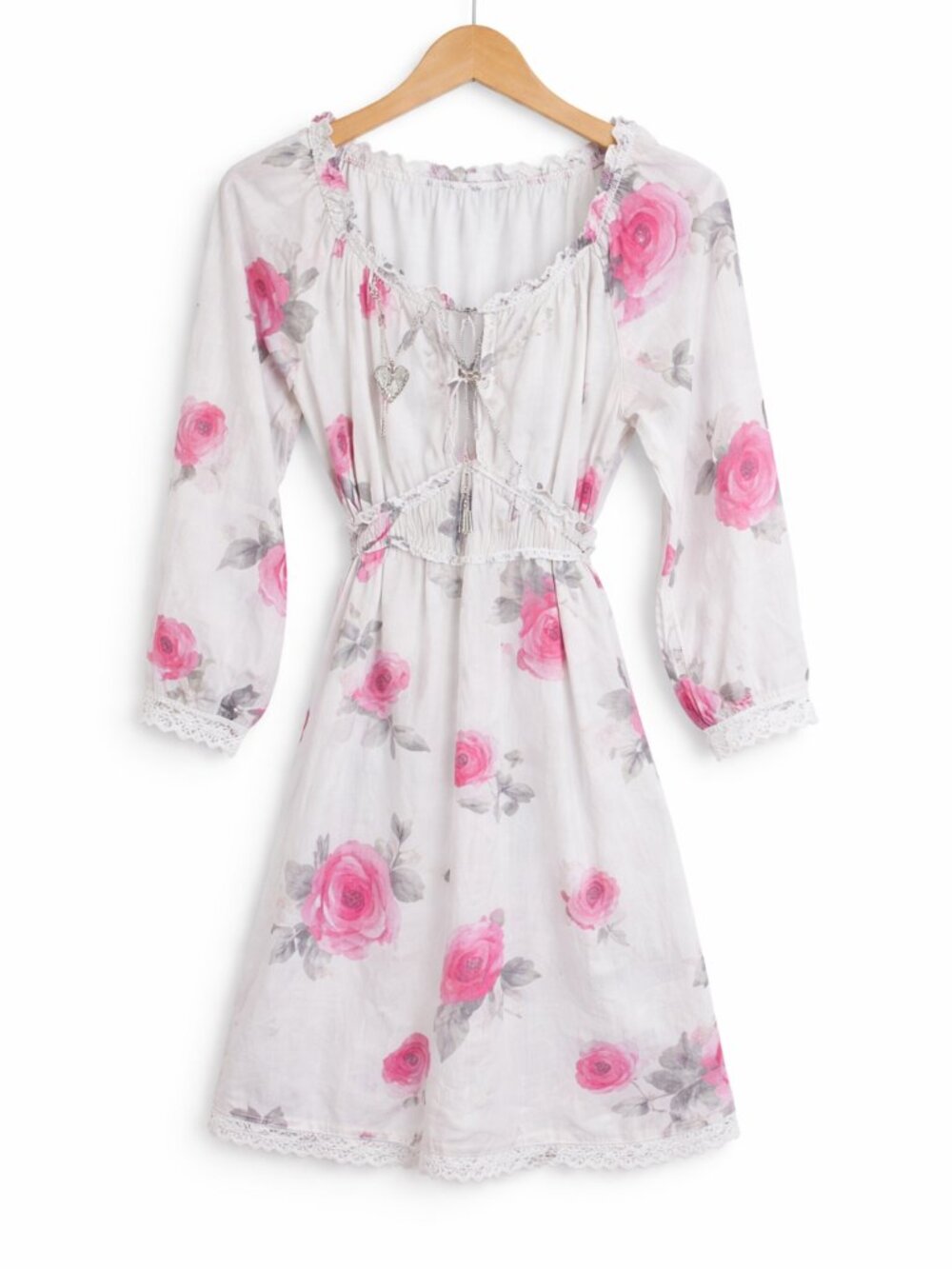 CREAM | White & Pink Floral Tie Waist Dress – Women’s 38